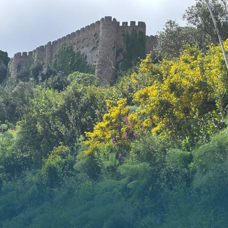Hikers walking near the castle walls on the Óbidos Castle Serenity Trail.